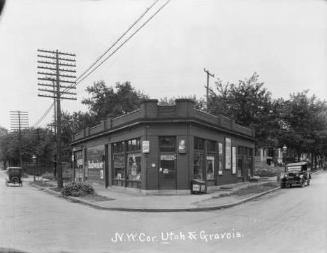 #75 View of one-story wedge-shaped business building at Utah and Gravois. Grocery was at 3287 Gravois, 1930