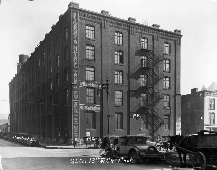 #98 Back view of the warehouse at 1216-1218 Chestnut, painted with “Herkert & Meisel Trunk Co.” (1930