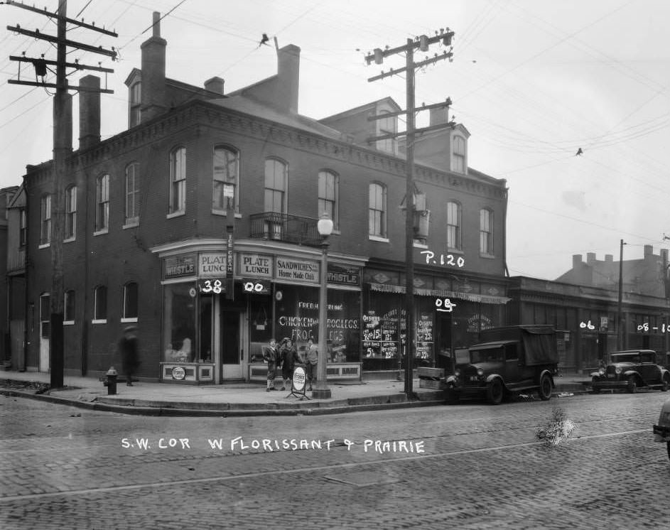 #111 Three boys pose in front of Fred H. Gerling store at 3800 West Florissant that advertised chicken and frog legs, 1930
