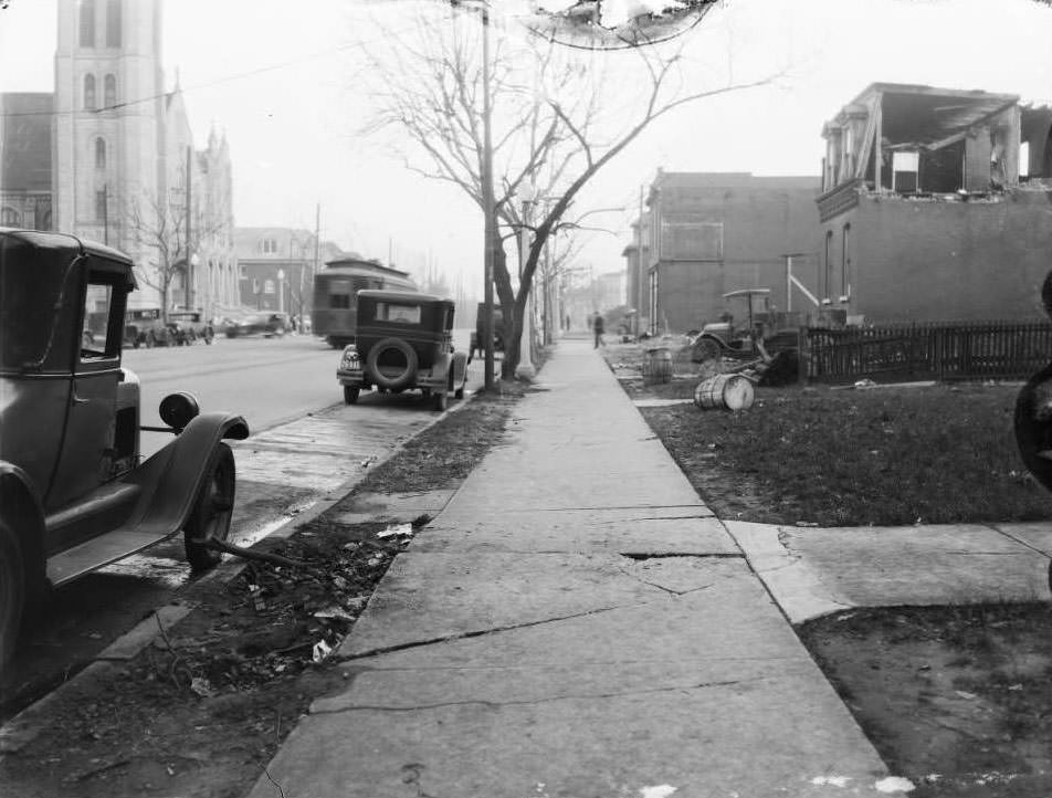 #115 View east down St. Louis Ave. at North Garrison Ave. showing Grace Evangelical Lutheran Church, 1930