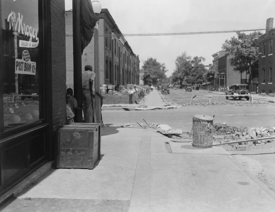 #146 Street work near Kroger Market. View west down Cote Brilliante Ave. at the intersection with North Newstead Ave, 1930