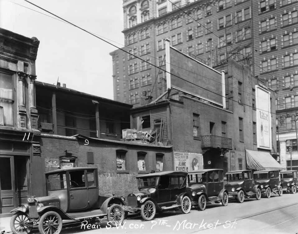 #177 Exterior view of buildings and parked automobiles at the rear southwest corner of 7th and Market Street, 1930