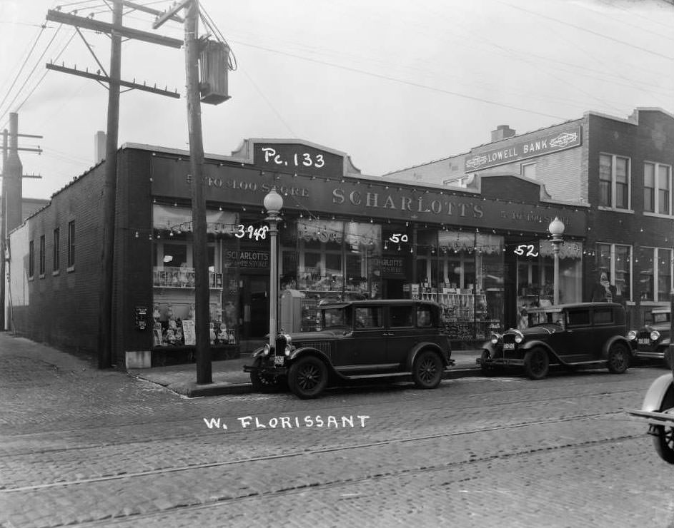 #188 Scharlott’s 5 cents to 1 dollar store at 3948-3952 West Florissant. Next to Lowell Bank, 1930