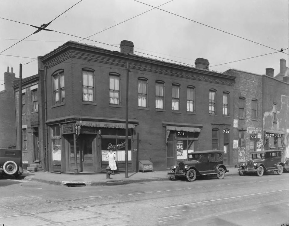 #218 View of northwest corner of High Street, home to the Imperial Restaurant at 717-727, 1930