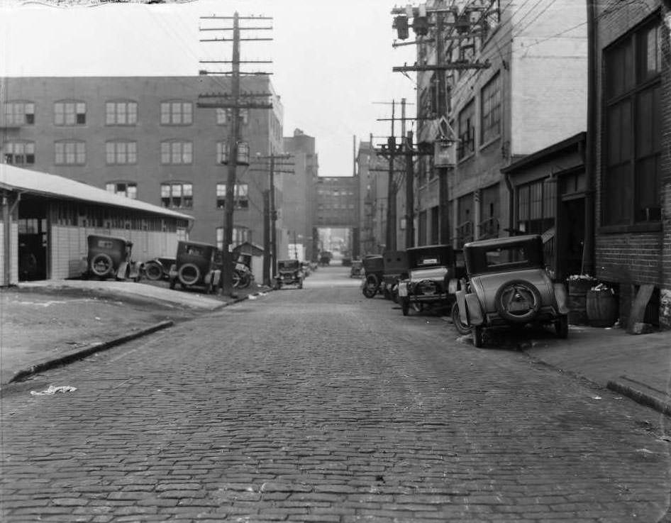 #24 View of St. Charles Street near N. 22nd St., with the Carradine Hat Co. and the walkway above the street connecting the Emerson Electric Mfg. Co. and Curlee Clothing Co. visible, 1931