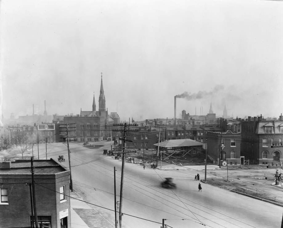 #31 View of Lafayette Avenue looking east towards South 12th Street. St. John Nepomuk Chapel is visible in the background, 1931