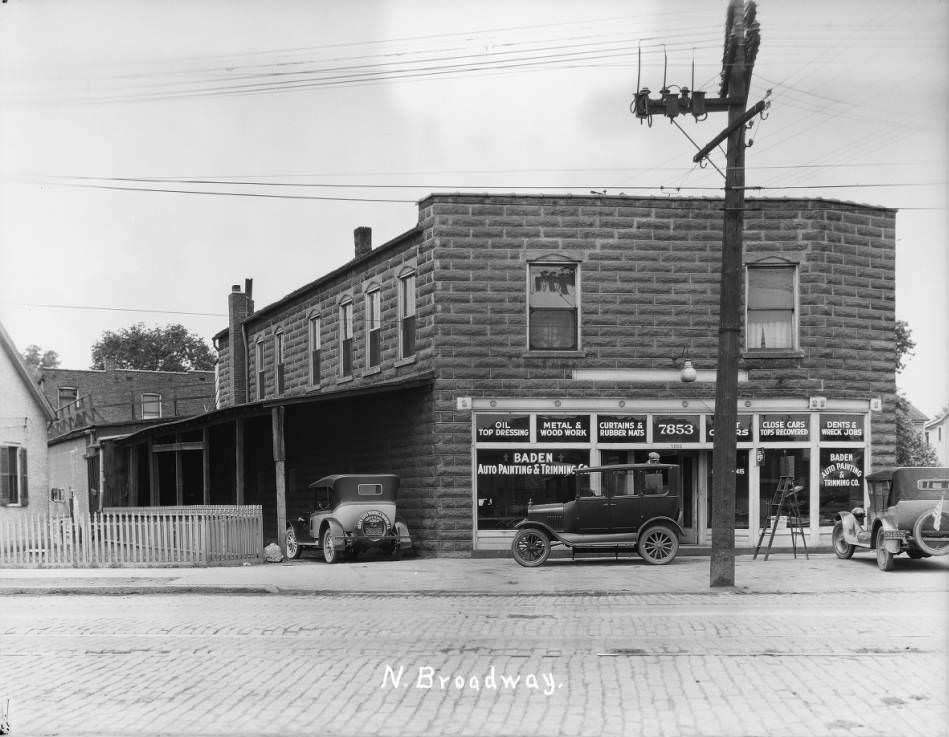 #42 Exterior view of Baden Auto Painting and Trimming at 7853 North Broadway, 1931