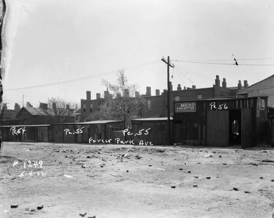 #47 Rear views of brick dwellings and alley on Forest Park Ave. extension, 1932.