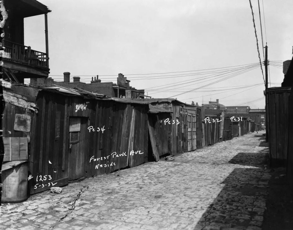 #50 View of sheds and garages on Forest Park Ave. alley, north side, 1932.