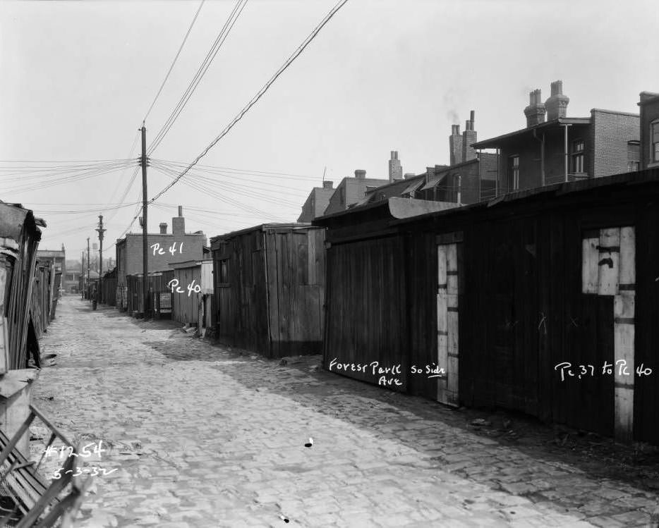 #52 View of sheds and garages on Forest Park Ave. alley, south side, 1932.