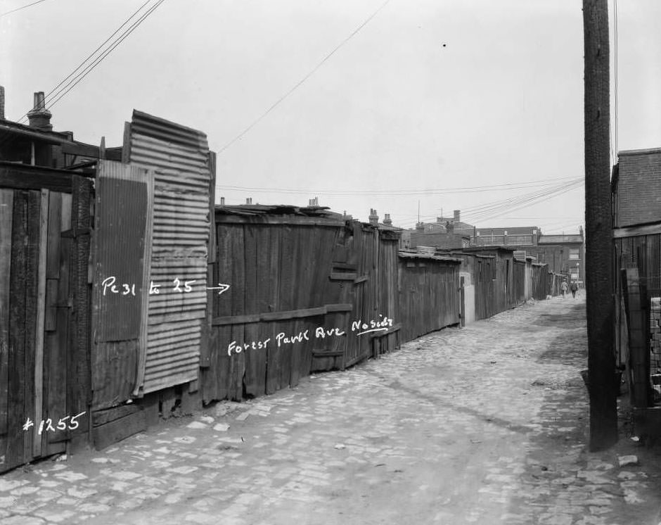 #58 View of sheds and garages on Forest Park Ave. alley, north side, 1932.