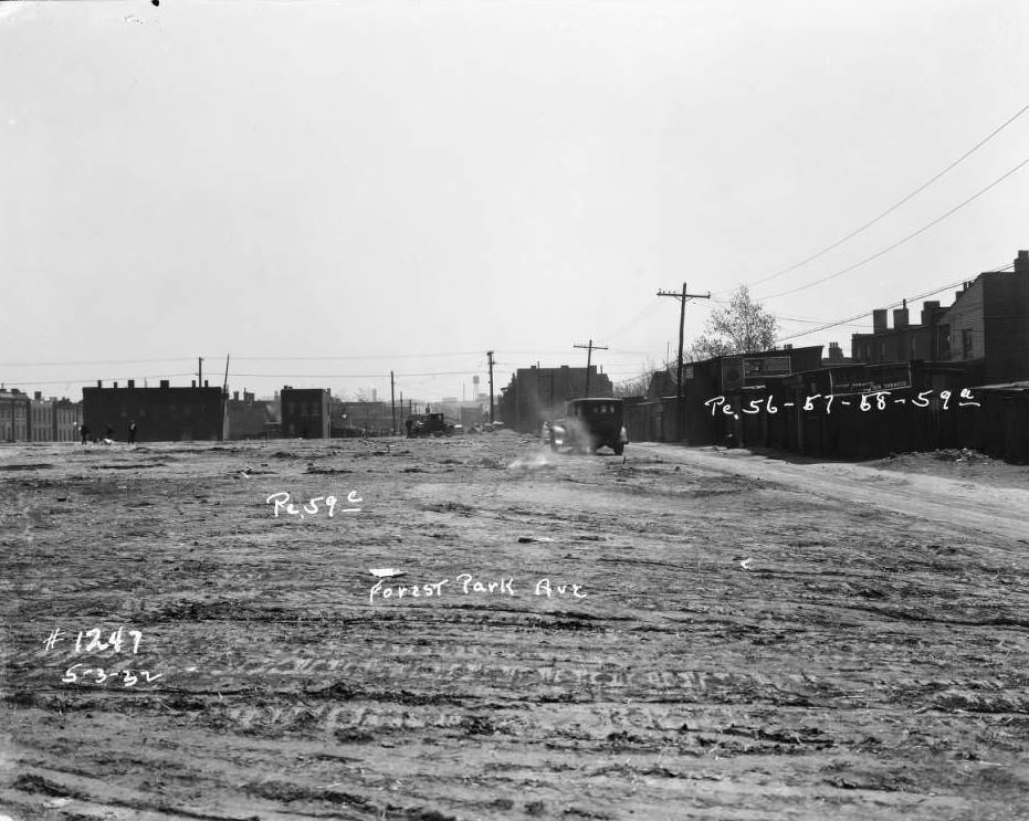#227 Extension of Forest Park Ave. with rear views of brick dwellings and Handlan Park, 1932.