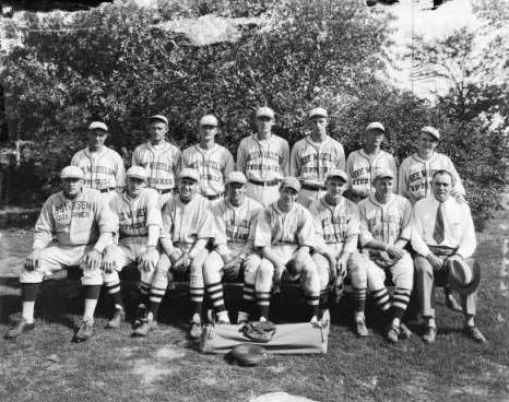 #79 View of Free Wheeling baseball team jerseys reading Freewheeling Studebaker and Hupmobile and Bussen Quarries, 1930