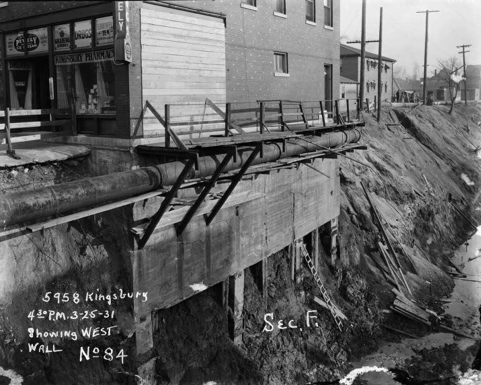 #83 Sewer work adjacent to Kingsbury Pharmacy at 5958 Kingsbury in University City just before collapse, 1931