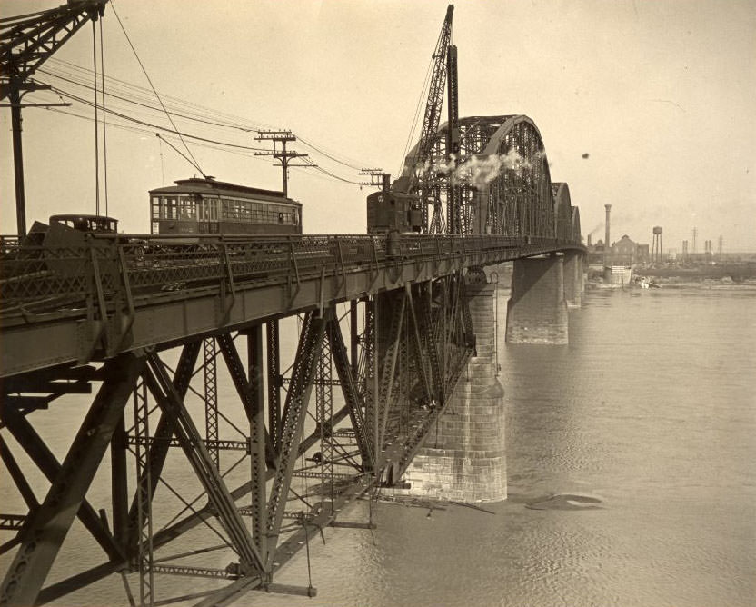 #95 Trains travel across the McKinley Bridge in 1931.
