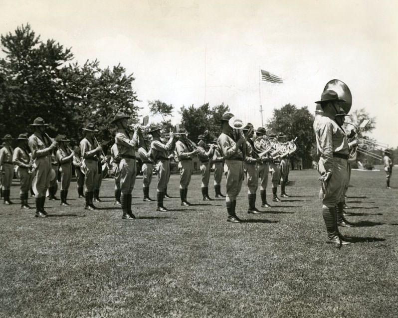 #98 Guard change ceremony with band playing at Jefferson Barracks in 1937.