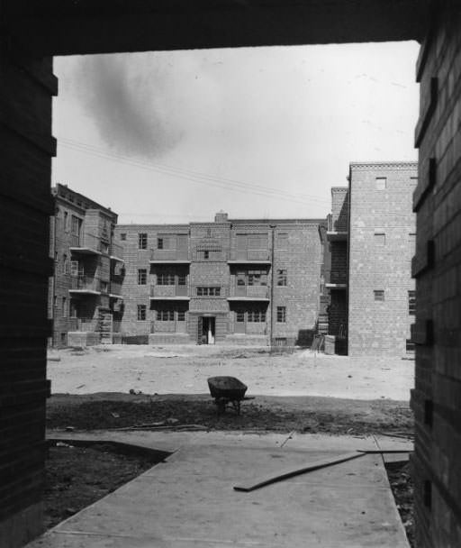 #111 Neighborhood Gardens Apartments nearing completion, will house over 1000 people, 1930.