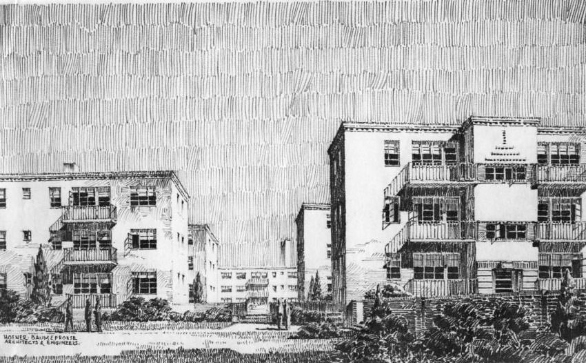 #112 Architectural drawing of Neighborhood Gardens Apartments, 1930.