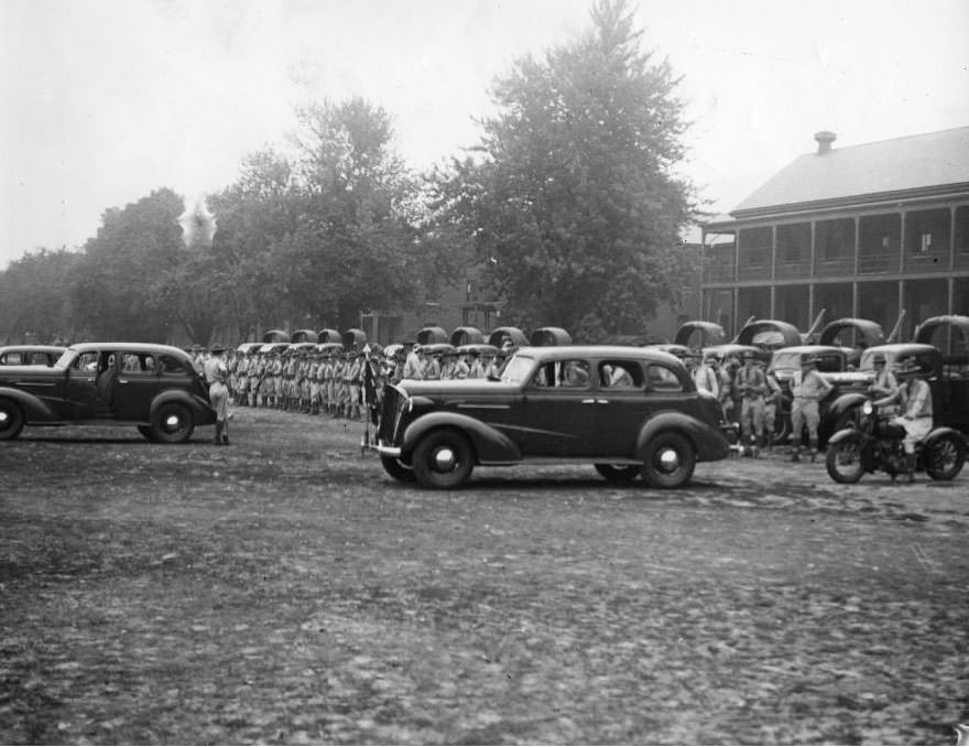#115 Sixth Infantry members preparing to leave for motorized hike, 1930.