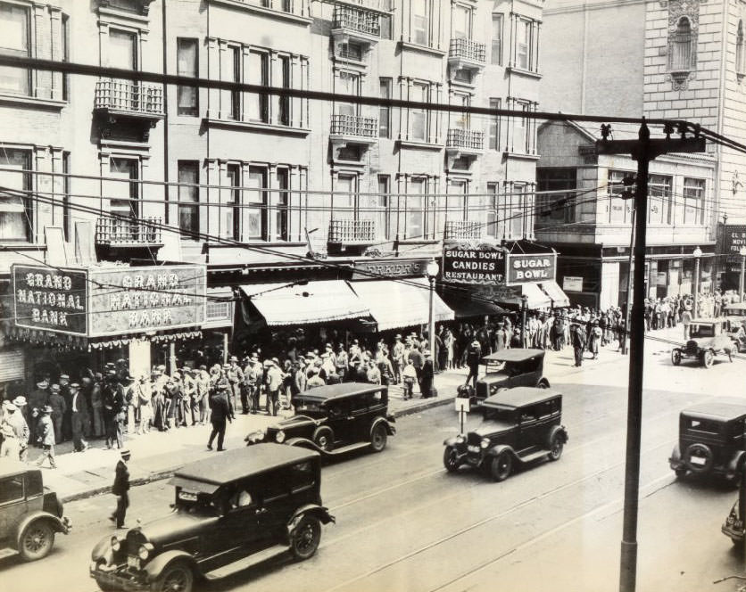 #126 Exterior of Grand National Bank after robbery, 1930.
