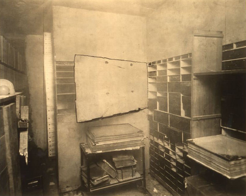 #127 Grand National Bank deposit boxes after robbery, 1930.
