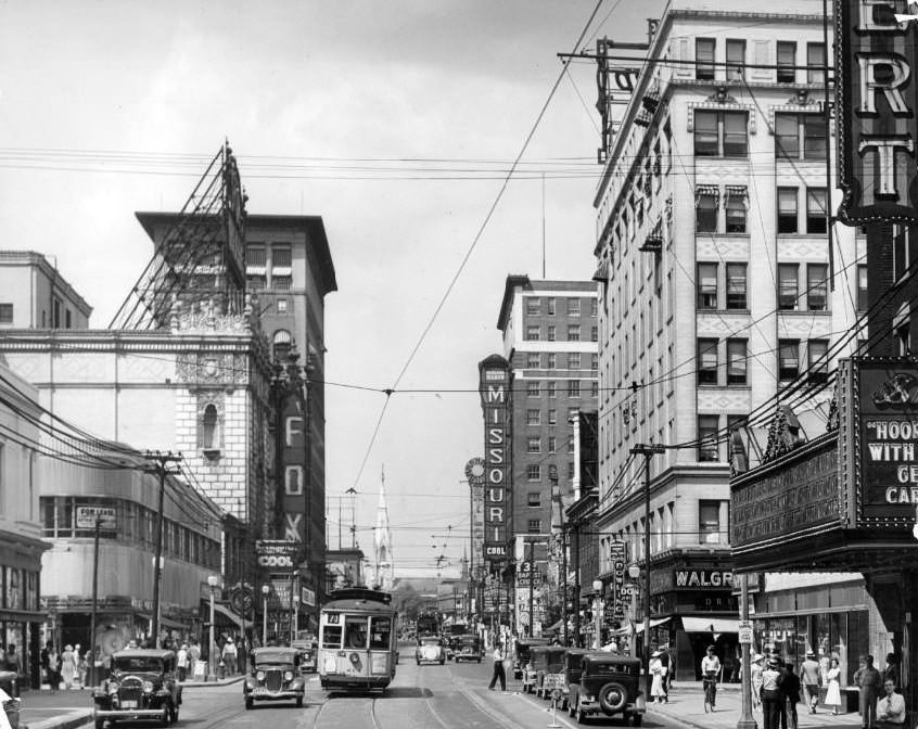 #137 Busy Grand Avenue intersection, a popular gathering spot during WWI, 1930