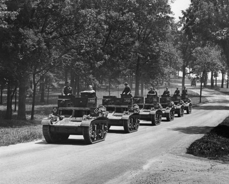 #142 Sixth Tank Company at Jefferson Barracks departs for training in Arcadia, MO, 1930