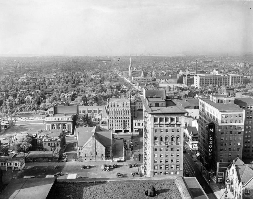 #155 Air and skyline view of St. Louis in 1930, taken from the penthouse apartment of Continental Life Building. The photo shows North St. Louis