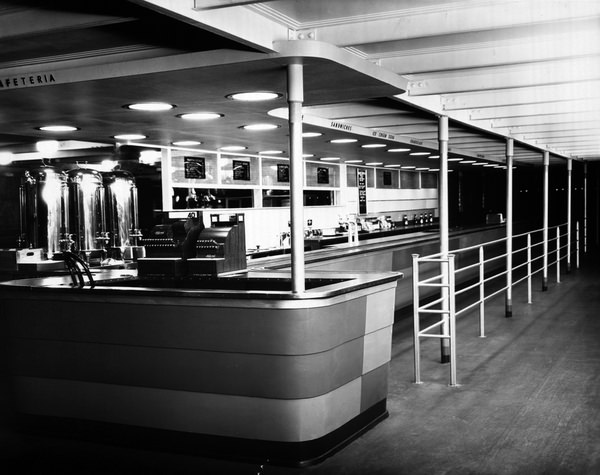 #156 Fourth deck cafeteria of the President steamboat in 1930.