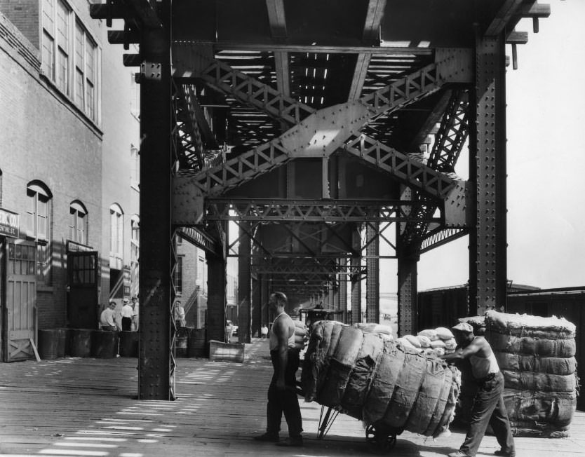 #187 Loading and unloading of cotton bales on Wharf Street near Poplar, a common activity on the riverfront, 1930