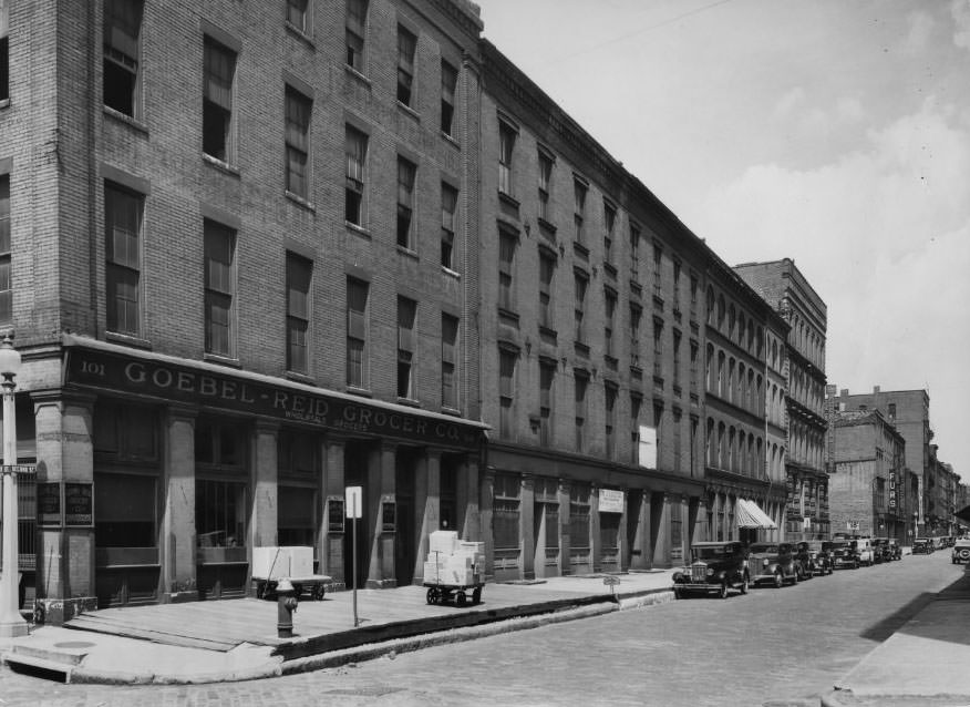 #188 A plaque on a building on Second Street, sold for $120 in 1768, highlights the antiquity of the proposed riverfront improvement project area, 1930