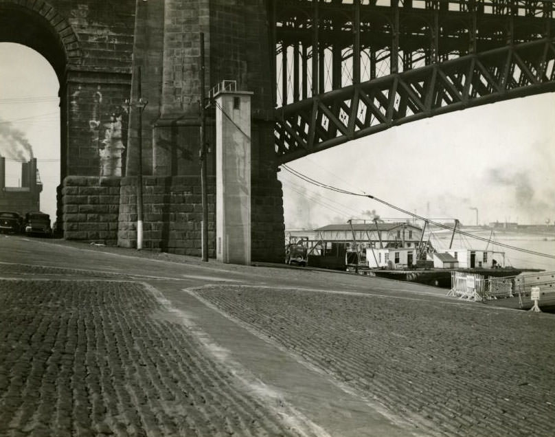 #207 The tower against the bridge pier in the Mississippi River is the Weather Bureau’s automatic river stage gauge at the Eads Bridge, 1930