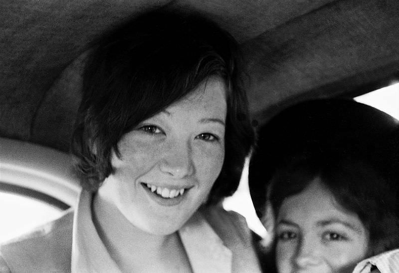 #10 Deilwen and Carol on holiday. Top deck on the bus in Devon, on holiday from Liverpool, 1970