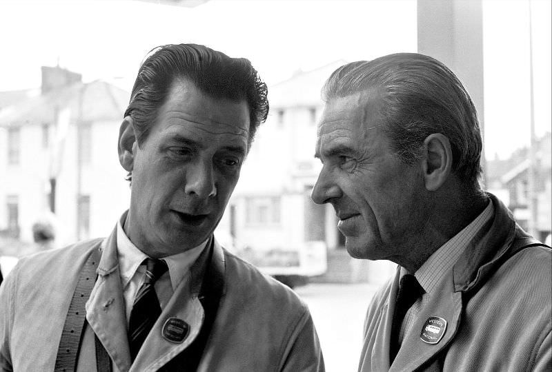 #8 Conductors catch up on the gossip between trips, Paignton bus station, 1970