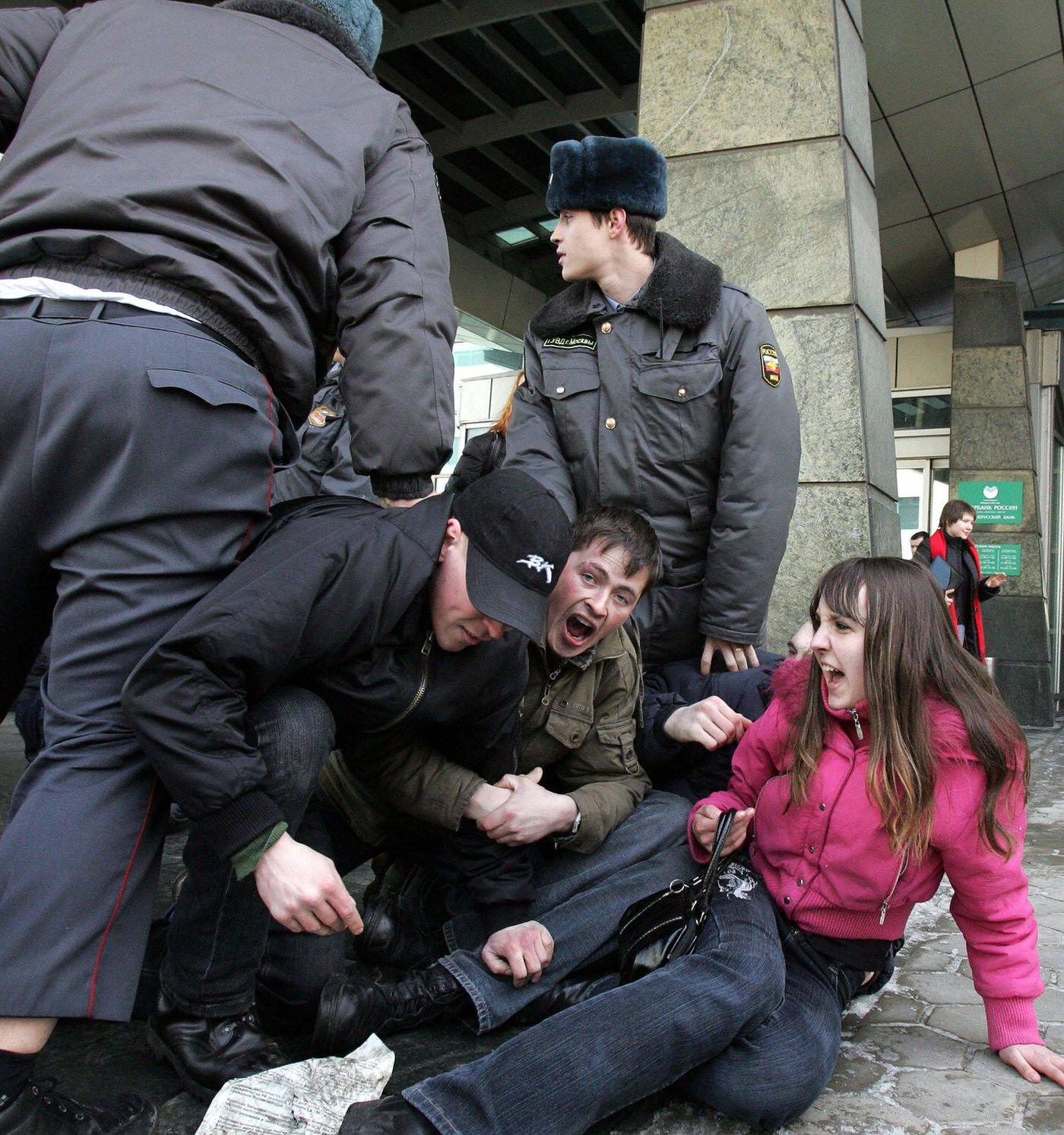 #1 Members of National-Bolshevik Party arrested by Russian police during protest outside “Sberbank” in Moscow demanding compensation for savings lost during Soviet collapse in 1991.