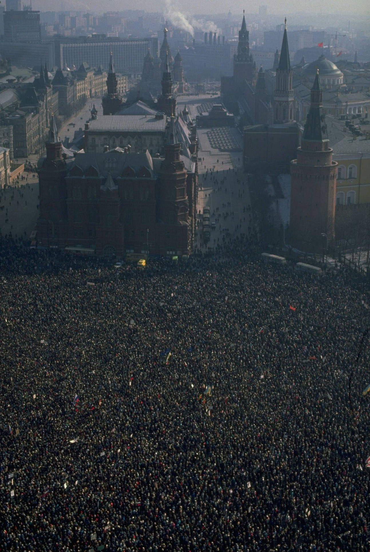 #15 Sea of pro-democracy protestors fill Red Square by Kremlin demonstrating for reform.