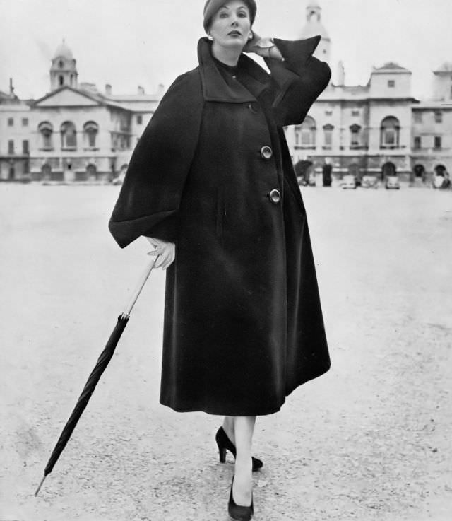 #22 Barbara Goalen in greatcoat of luxurious pile fabric 100% llama at Harvey Nichols, 1951.