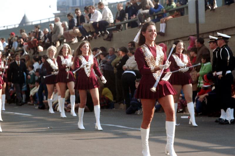 #5 Baton twirlers, Boston College marching band, Columbus Day parade, Boston, Massachusetts, 1971