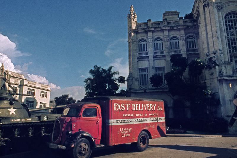 #60 US tank and American truck confiscated during the Cuban Revolution, displayed in a square in Havana, Havana, 1976