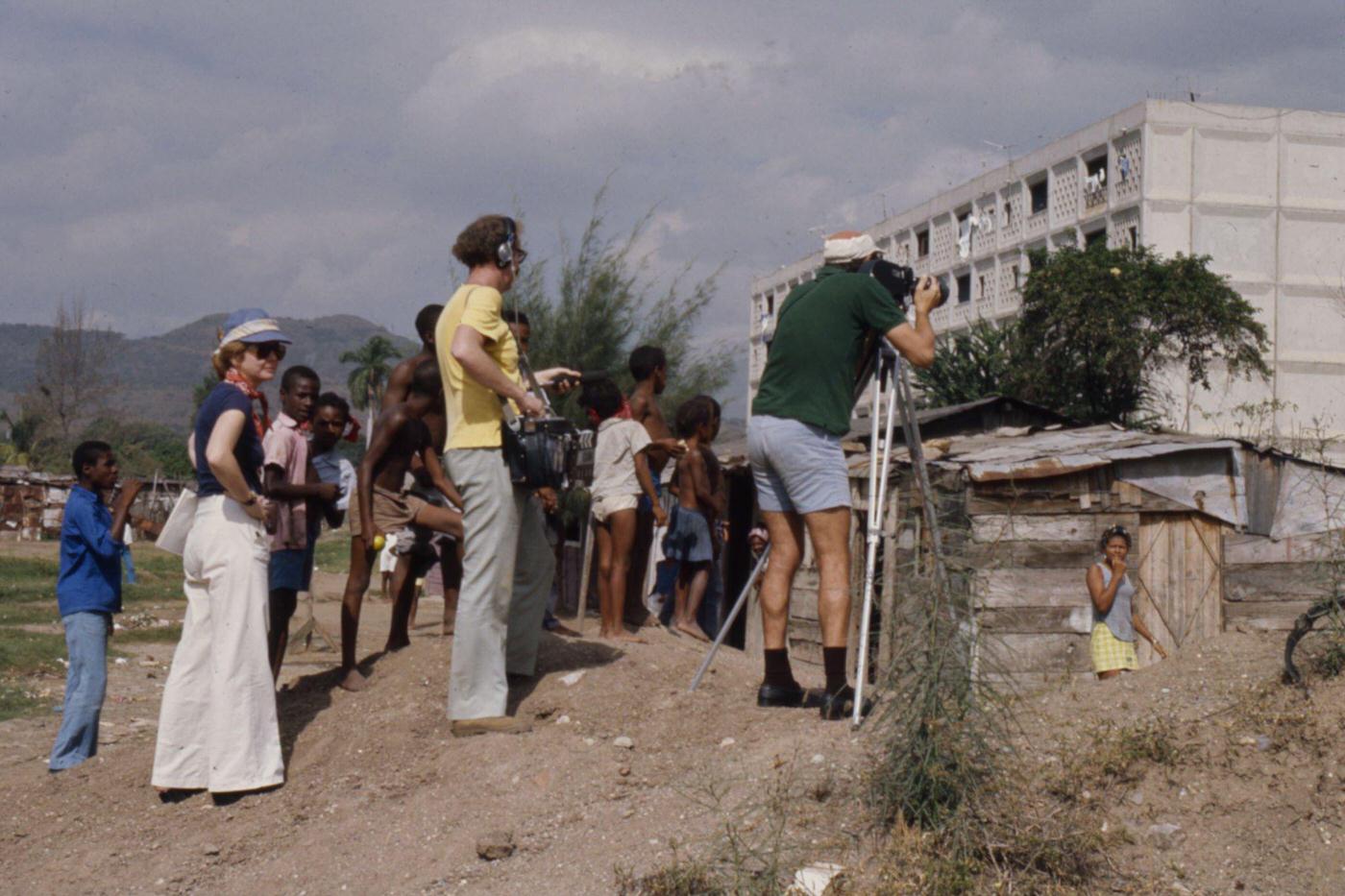 #73 Camera crew at José Martí housing project, slums in the foreground, featured in ‘Closeup: Cuba – The Castro Generation’, Havana, Cuba, 1977.
