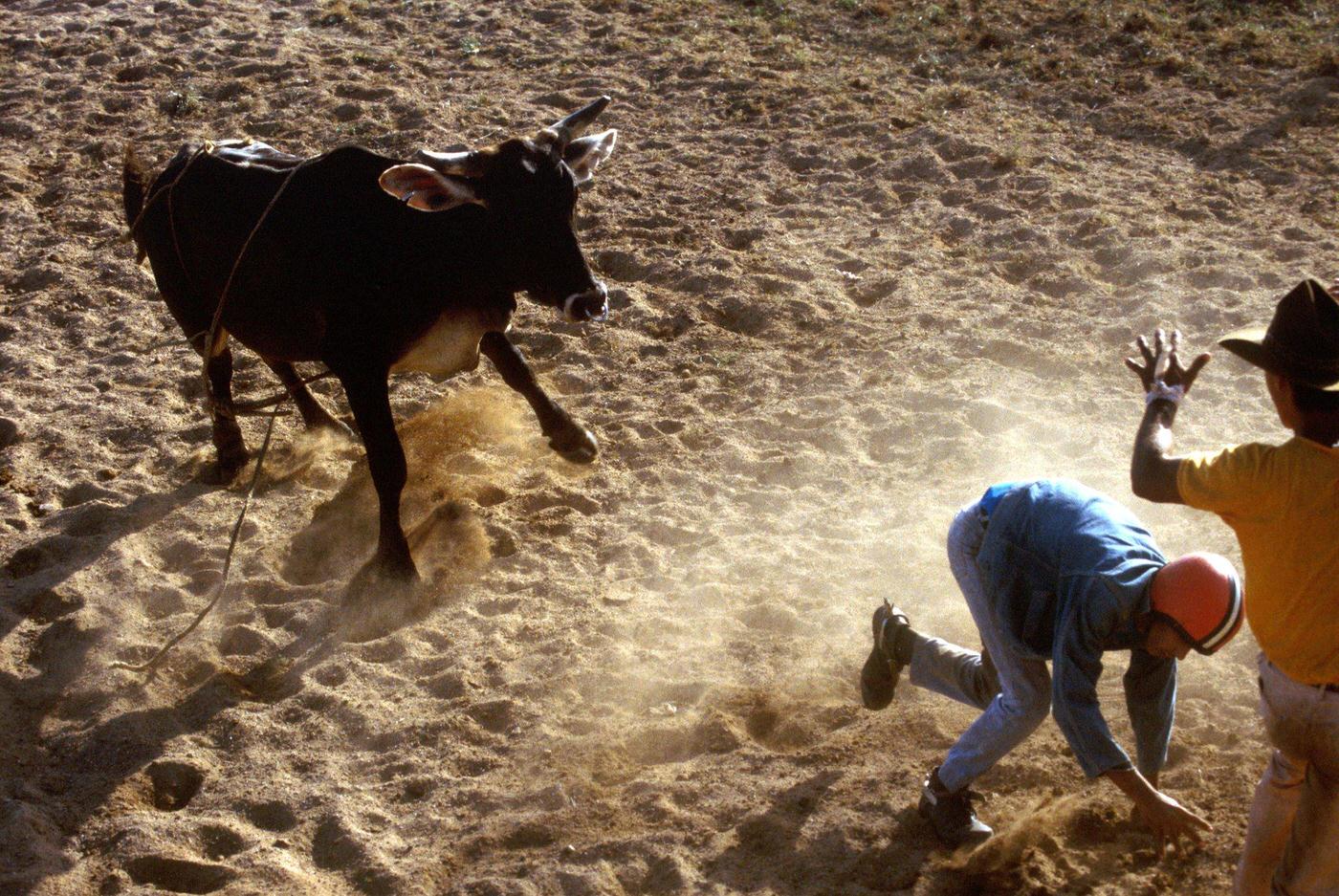 #42 Cuban man riding a horse and waving the Cuban flag at Rancho King Touristic Farm in Camaguey, Cuba, 1990.