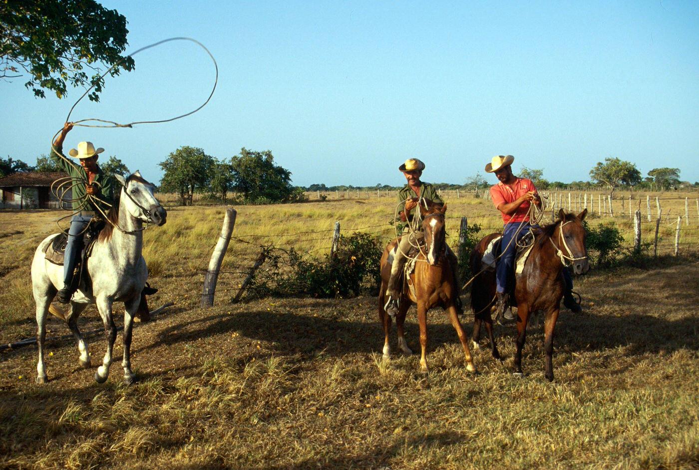 #6 Three Cuban peasants riding horses in Camaguey, Cuba, 1990s.