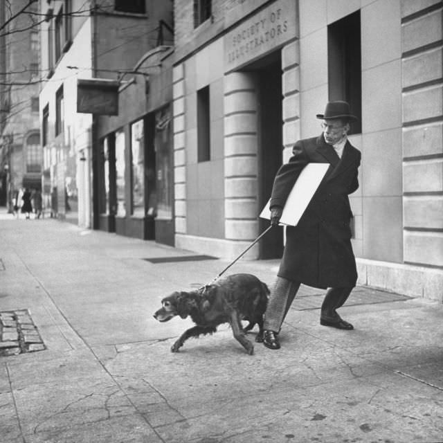#5 Artist Earle Winslow, with a painting under his arm, struggled to control his stubborn Irish setter, New York City, 1944.