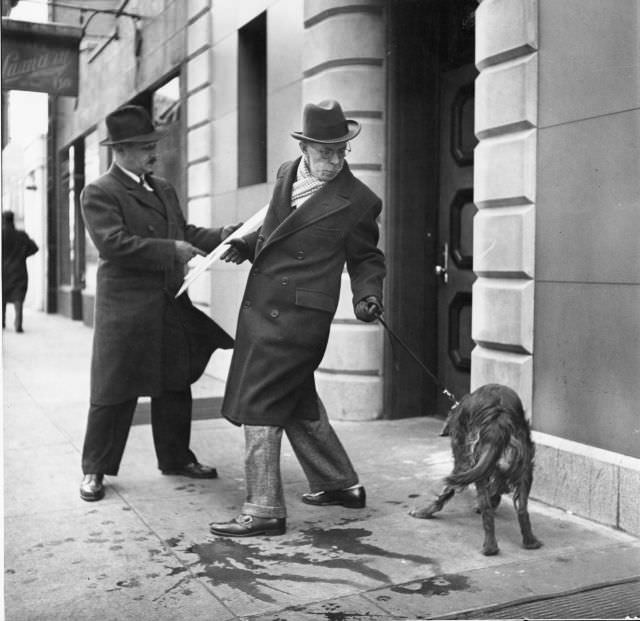 #6 Artist Earle Winslow (right) showed his painting to a friend while struggling to keep his Irish setter under control, New York City, 1944.