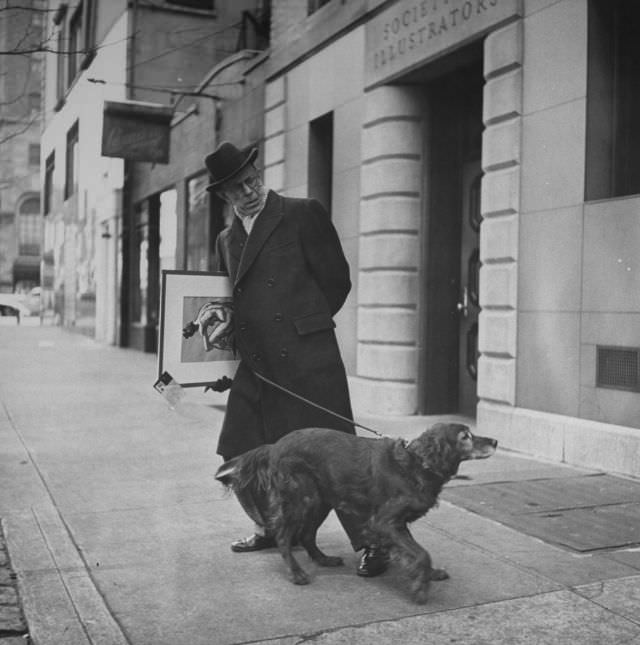#7 Artist Earle Winslow, with a painting under his arm, struggled to keep his Irish setter under control, New York City, 1944.