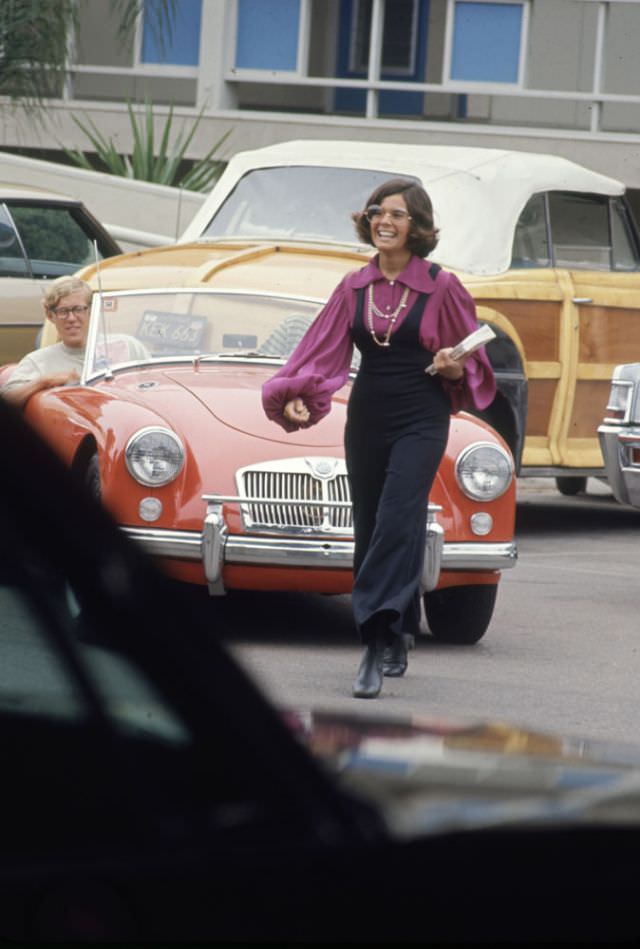 #11 High schooler Lenore Reday stopped traffic while wearing a bell-bottomed jump suit in Newport Beach, 1969.
