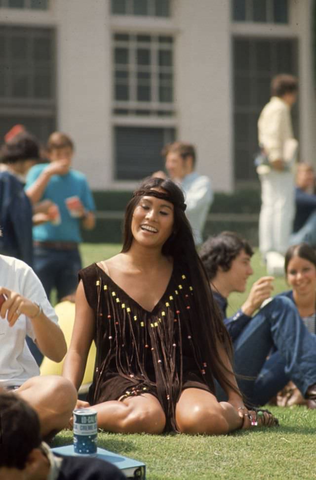 #2 Student Rosemary Shoong at Beverly Hills High School, wearing a dress she made herself, 1969.
