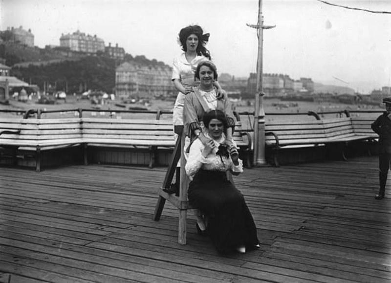 #6 The prize winners at the International Beauty Show at Folkestone posing on the pier: Miss Constance Clark (top), Mlle Simone Mariex and Myrtle Grove.