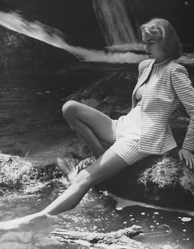 #12 Model in sun-suit of coarse white Mexican cotton penciled with green by Tina Leser, Vogue, 1945.