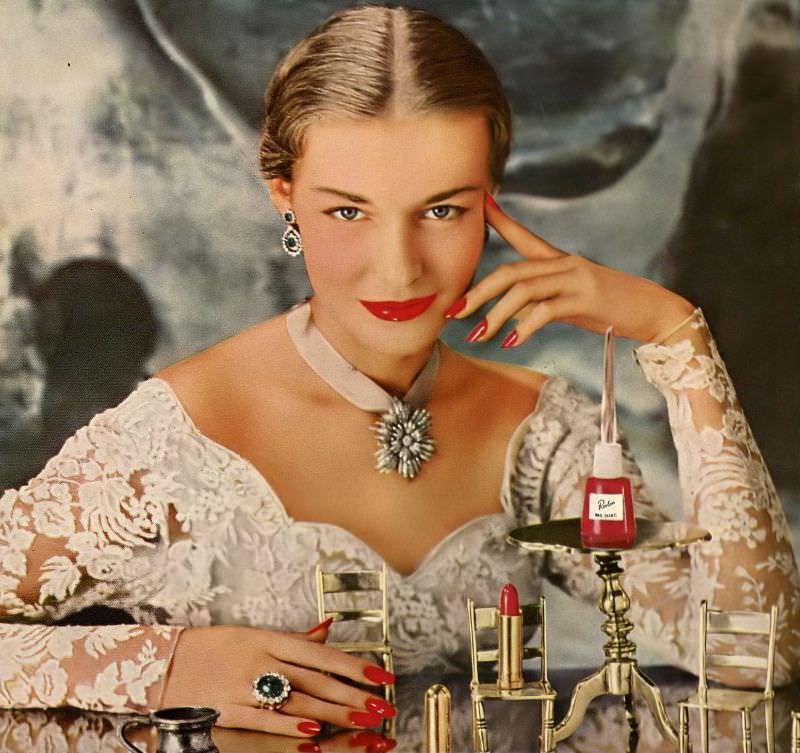#11 Liz Pringle, Revlon’s lipstick and nail enamel ad, Harper’s Bazaar, September 1950